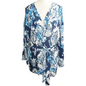 Haute Hippie Clair Blue White Floral Belted Kimono Jacket Size L Cardigan Womens